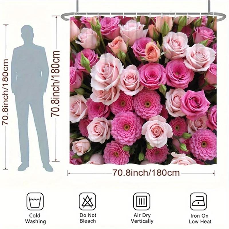 ~O~1pc Pink Rose & Carnation Shower Curtain - Green Leaves, Polyester,  12 Hooks, Detailed Floral Design, Elegant Bathroom Decor