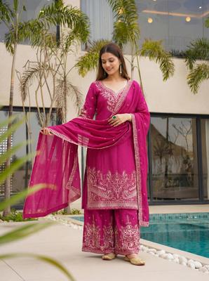 Damen Designer Chinon Seide Sharara Salwar Anzug Indischer Bollywood Salwar Kameez Palazzo Set