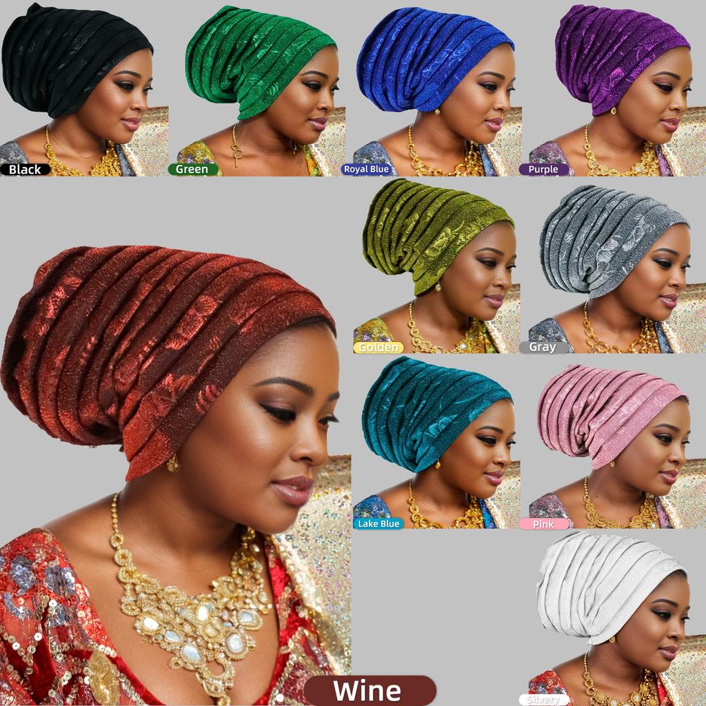 Glitter Pleated Women's Head Wraps Bonnet African Turban Cap Muslim Headscarf Bonnet Turbante mujer