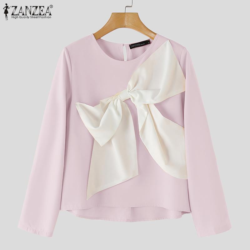ZANZEA Women Casual Bows Patchwork Long Sleeve Loose Blouse