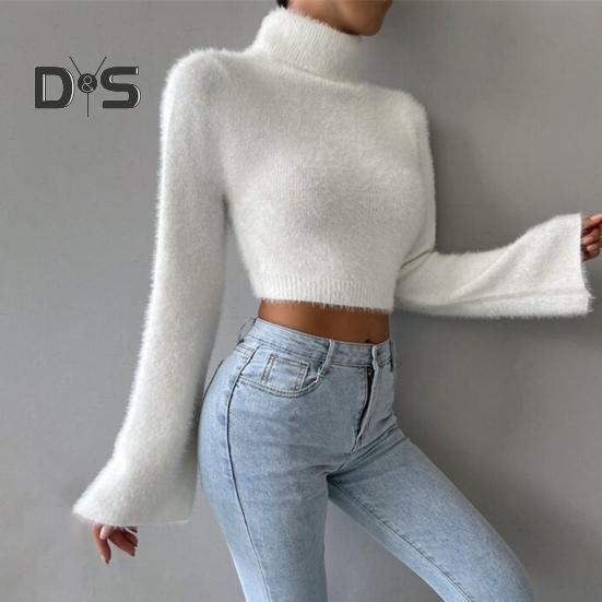 Kurzer Pullover für Damen, hoher Kragen, ausgestellt, lange Ärmel, einfarbig, schmale Passform, lässige Oberteile, freiliegender Nabel, Strickmode