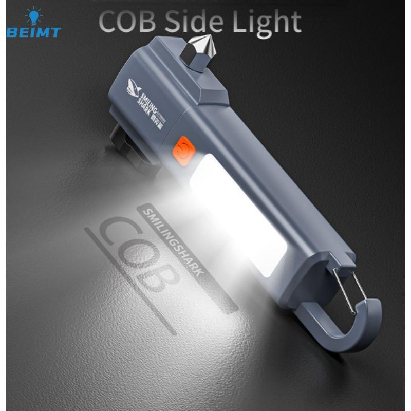 Multifunctional Zoom LED Flashlight with Hammer Built-in 18650 Battery Type-c Rechargeable Bright COB Work Light Camping Torch