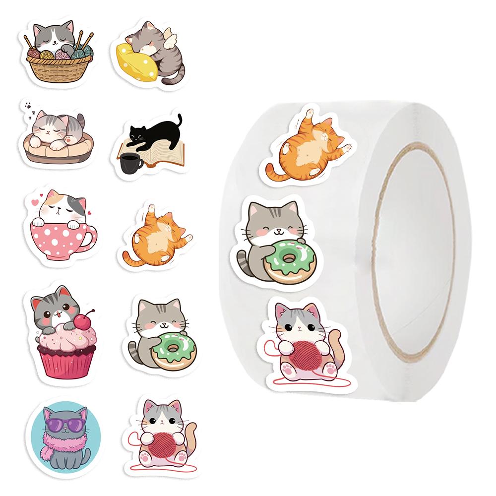 

500PCS Cute Cartoon Cat Stickers Rolls Kawaii Funny Cat Stickers 10 Styles Sticker Roll Waterproof Vinyl Decals for Laptop Phone