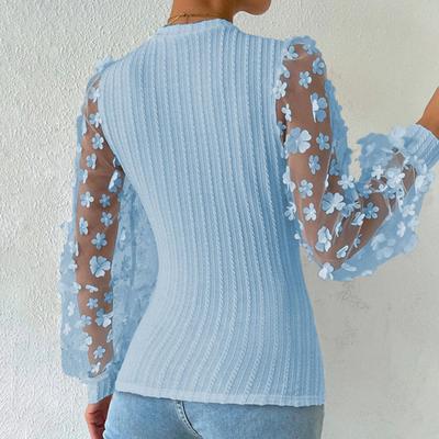 Women Spring Summer Pullover Tops O-neck Flower Decor Mesh Sleeve Chiffon Tops Solid Color Slim Fit Breathable Blouse