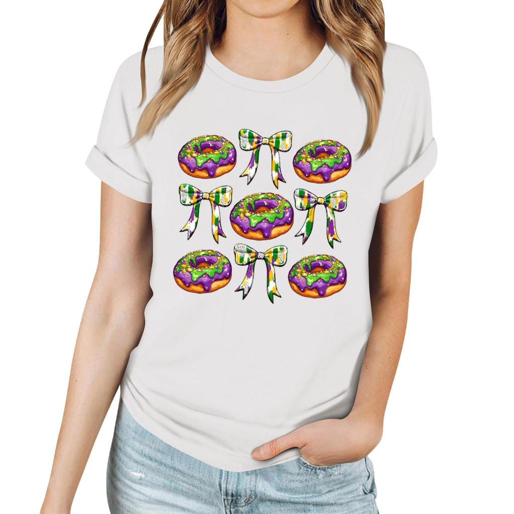 Women's Casual Carnival Print T-Shirt Round Neck Pullover Short Sleeve Top