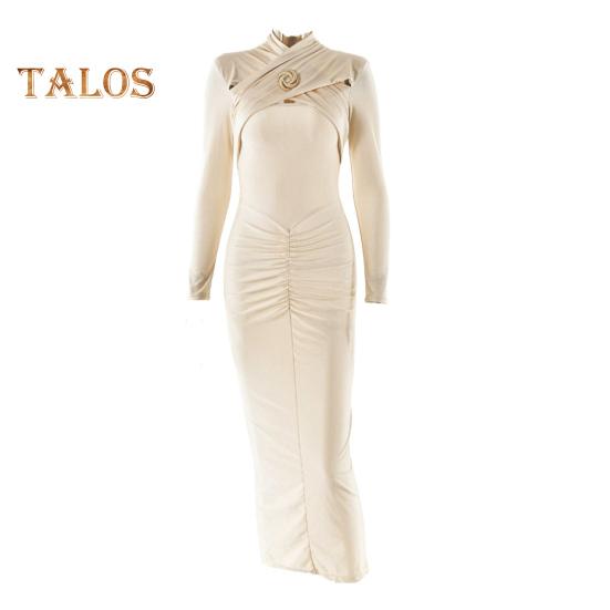 Women Evening Dress Hollow Out Bodycon Metal Buckle Ruched Elastic Pure Color Midi Dress Long Sleeve Prom Party Dress