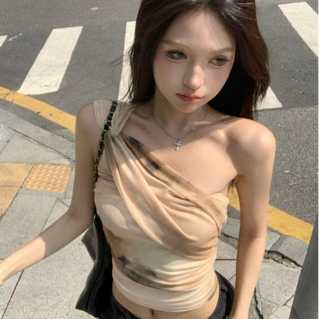 Printed design sling vest women's spring and summer slim and thin mesh sleeveless top slanted shoulder new Chinese style new