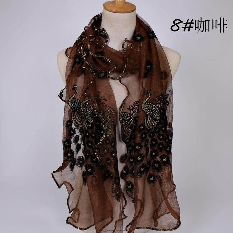 Peacock Flocking Breathable Long Towel, Bronzing Hemming Lace Women's Scarf