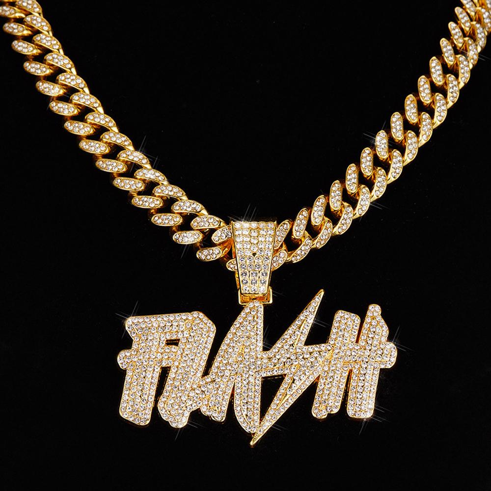 

New Hip Hop Flash Lightning Large Letter Pendant Necklace With 13mm Cuban Chain Letters Necklaces For Men s Women Rapper Jewelry