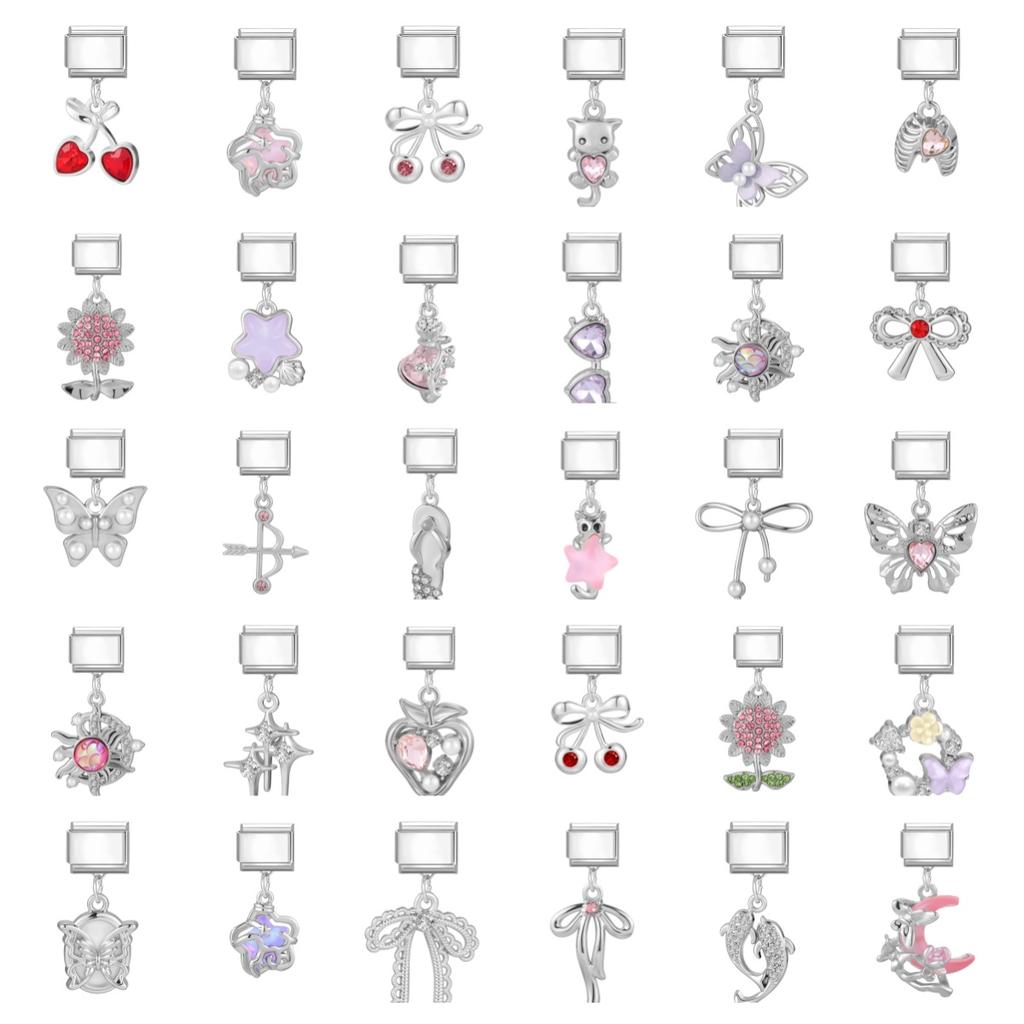 2026 New Creative DIY Dreamy Shiny Sunflower Cat Heart Bow Star Cherry Moon Pendent Charm Fit 9MM Stainless Steel Bracelet Gift