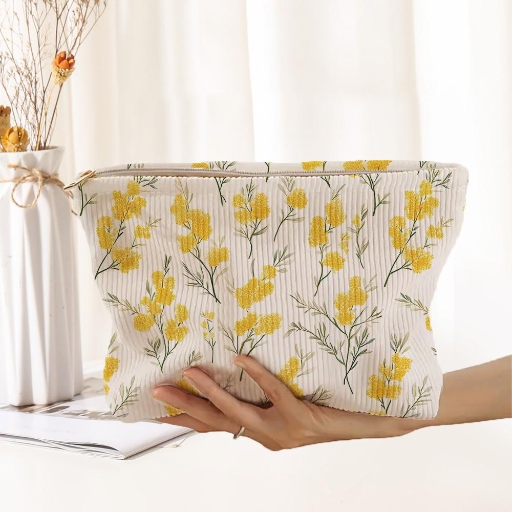 New Portable Floral Cosmetic Bag Corduroy Lightweight Zipper Makeup Organizer Multifunctional Large Capacity Storage Bag Travel