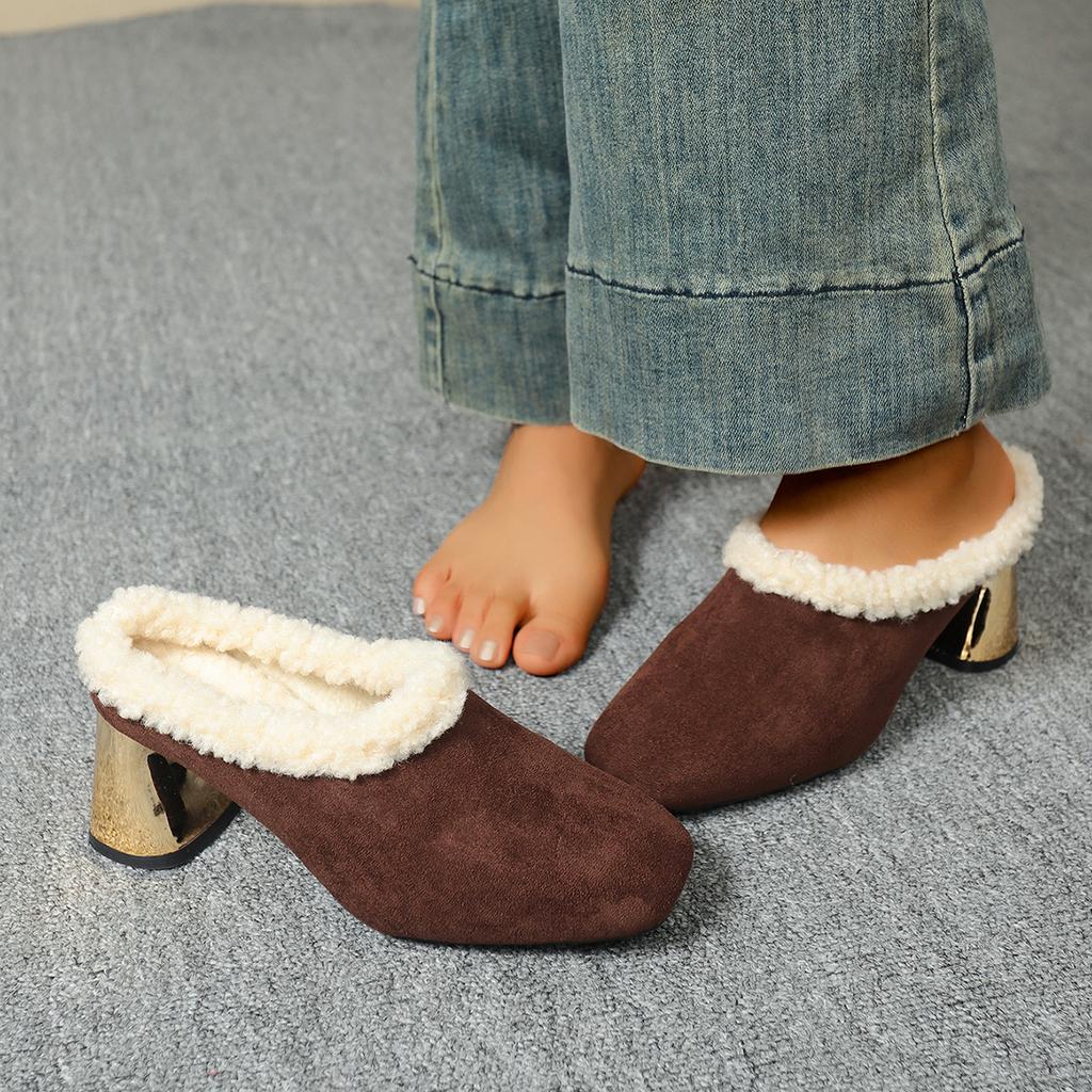 Winter Women High Heel Pumps Handmade Warm Fur Snow Boots Medium Heel Single Shoes Leather Rubber Outsole Comfortable  Booties