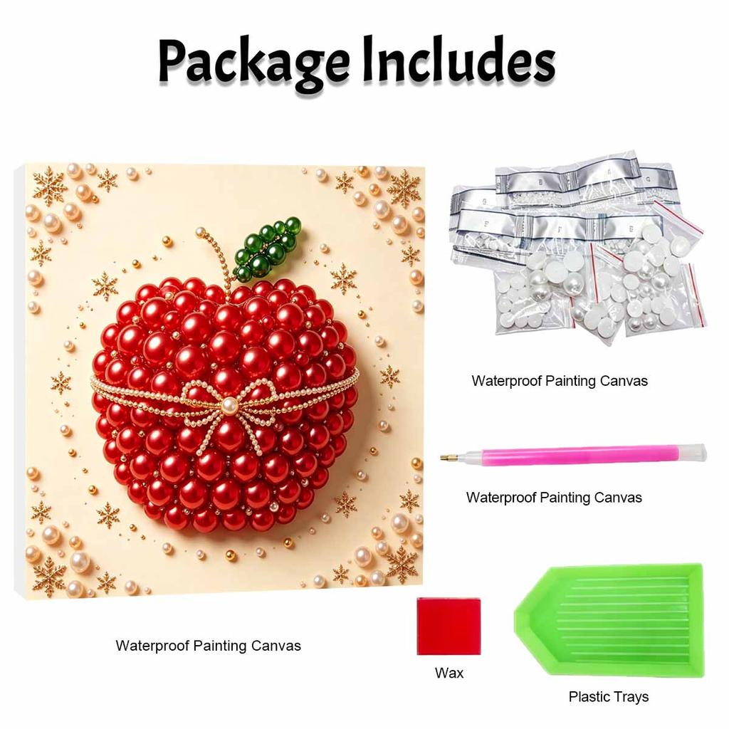 Premium Framed Pearl Art Kit with Shiny Red Apple and Snowflake Design 5D Sparkling Bead Canvas DIY Relaxing Craft for Home Wall Decor Gift