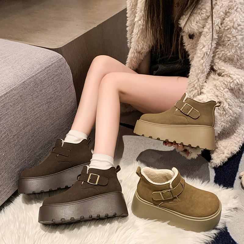 Suede Platform Women Snow Ankle Boots Short Plush Mid Heels Buckle Shoes 2025 Trend Winter New Warm Cozy Non-slip Botas De Mujer