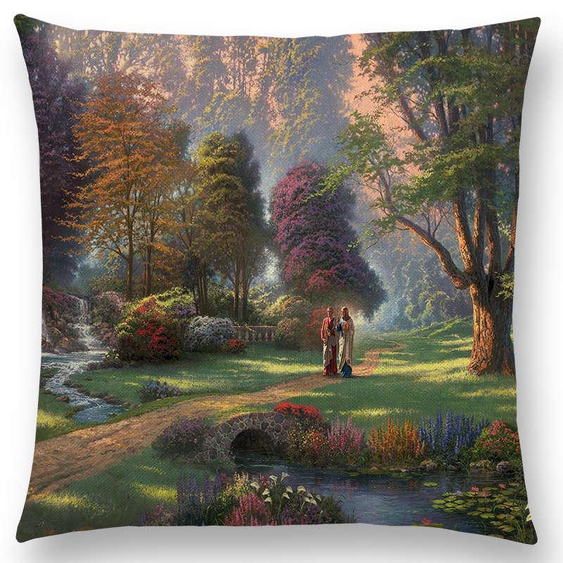 Home Decor Rustic Oil Painting Cushion Cover Beautiful Landscape Castle Lighthouse Sofa Pillow  Bedroom