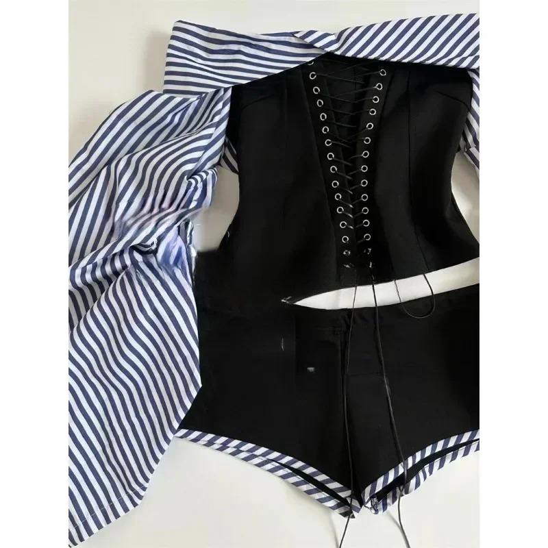 2000s Sweet Hot Girl Sexy Suit Women Autumn Striped Bubble Sleeve Off Shoulder Top Low Waist Shorts Two Piece Set Female Clothes
