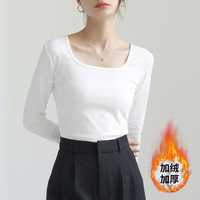 Women's Square Neck Long Sleeve T-Shirt Slim Fit Solid Cotton Casual Basic Undershirt Autumn Commuter Top