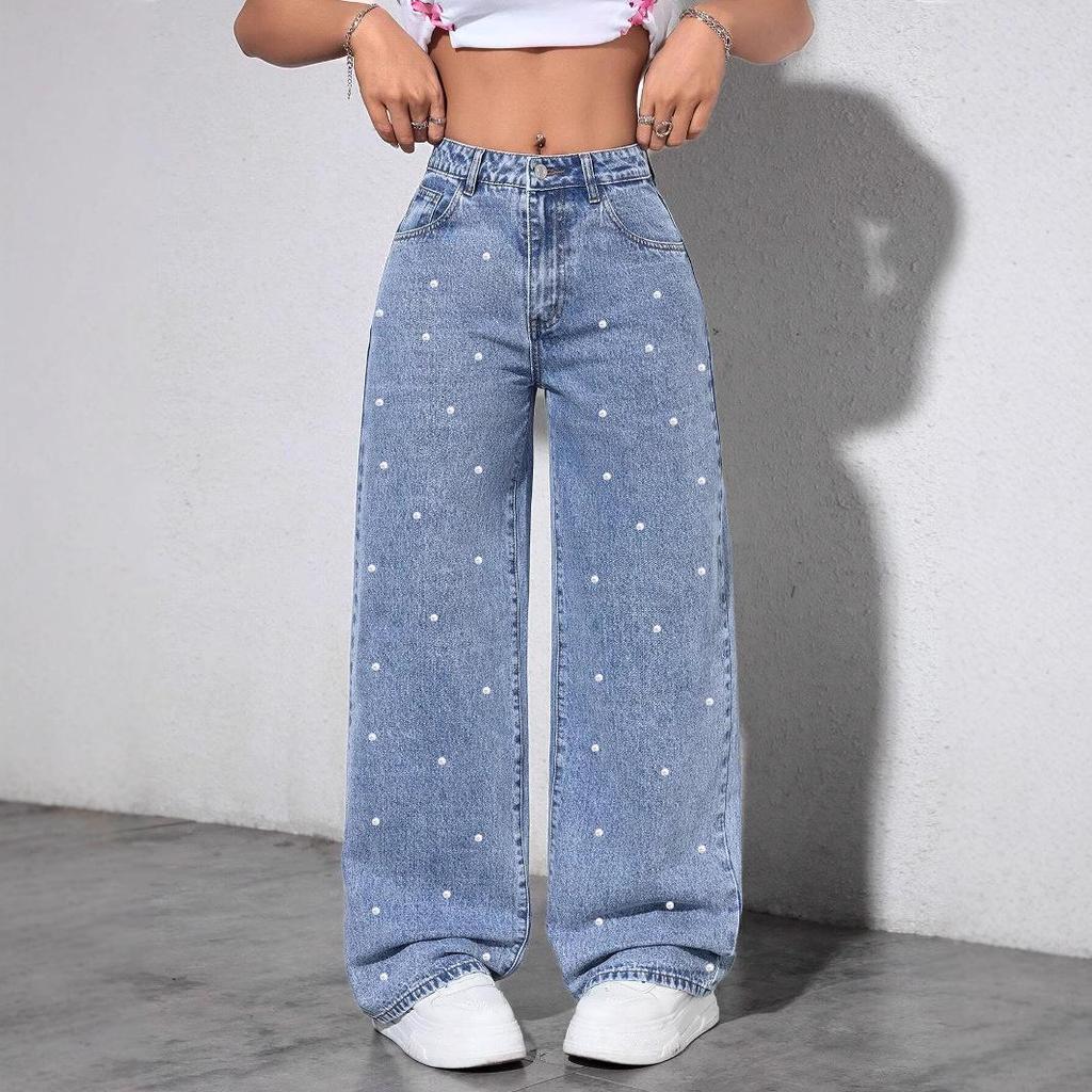 INS Style Pearl Adorned Straight-Leg Wide Denim Pants