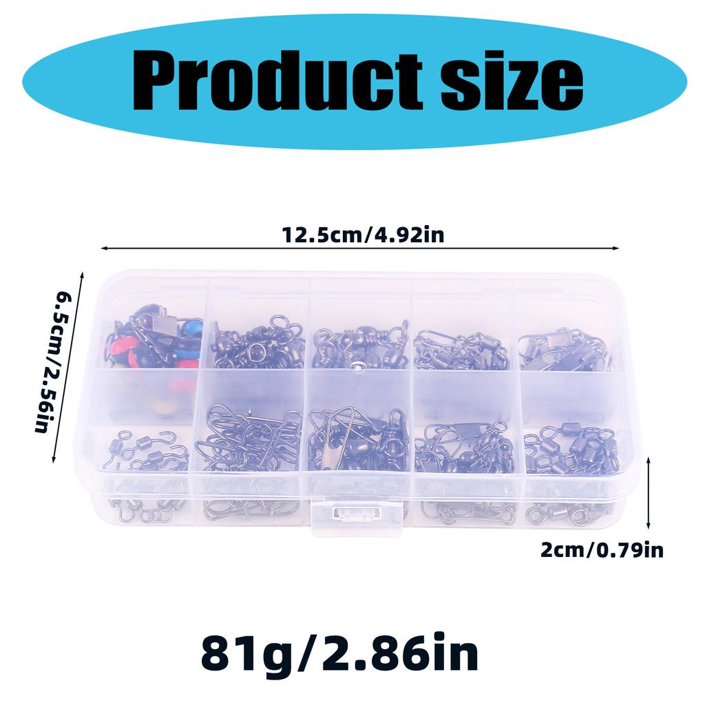 115 Stück Angelwirbel Zubehör-Set mit Fasswirbeln, Einhängewirbeln, Schiebeperlen für Bleie, Kugellagerwirbeln, Angelschnurverbindern