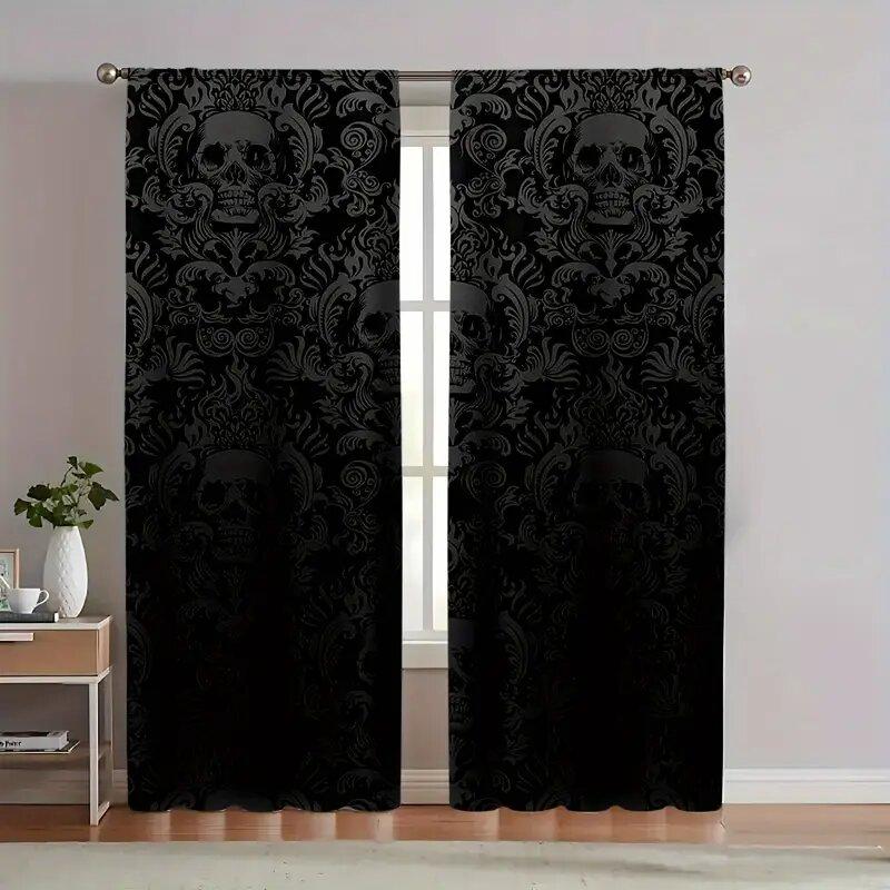 2 st - Halloween-gardiner med tryck av dödskallar och blommor, fönsterdekorationer, heminredning, rumsdekorationer