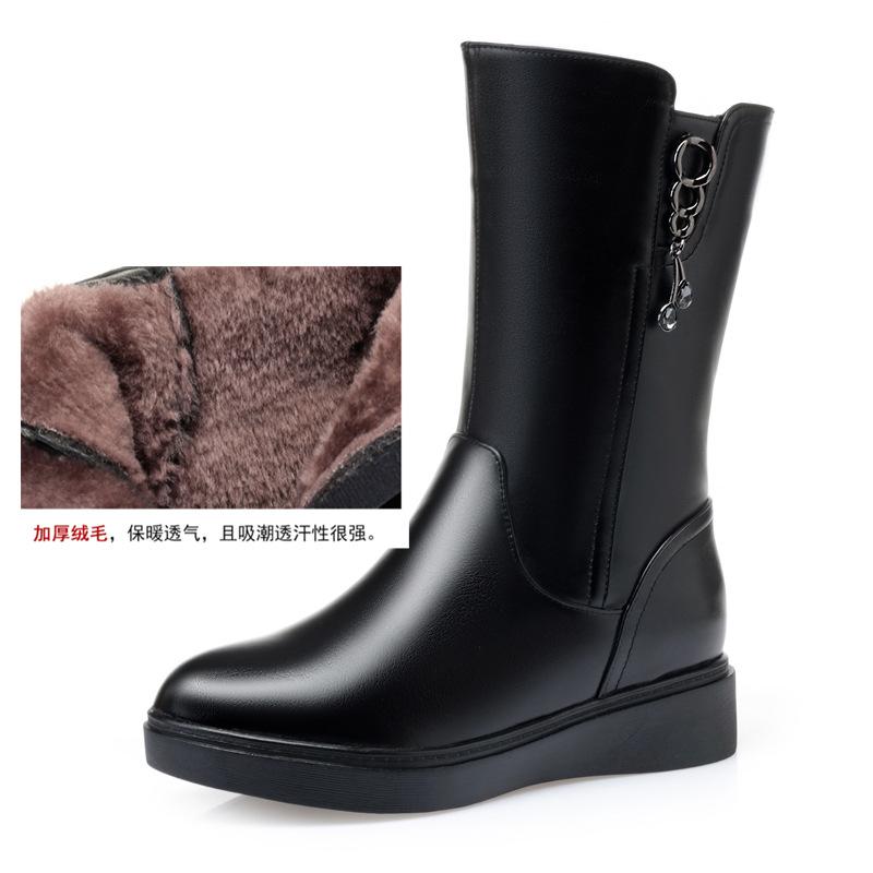 Women Boots Quality Genuine Leather Boot Fashion Mid-calf Leather Boot Thicken Wool Plush Warm Winter Boots Botas Invierno Mujer