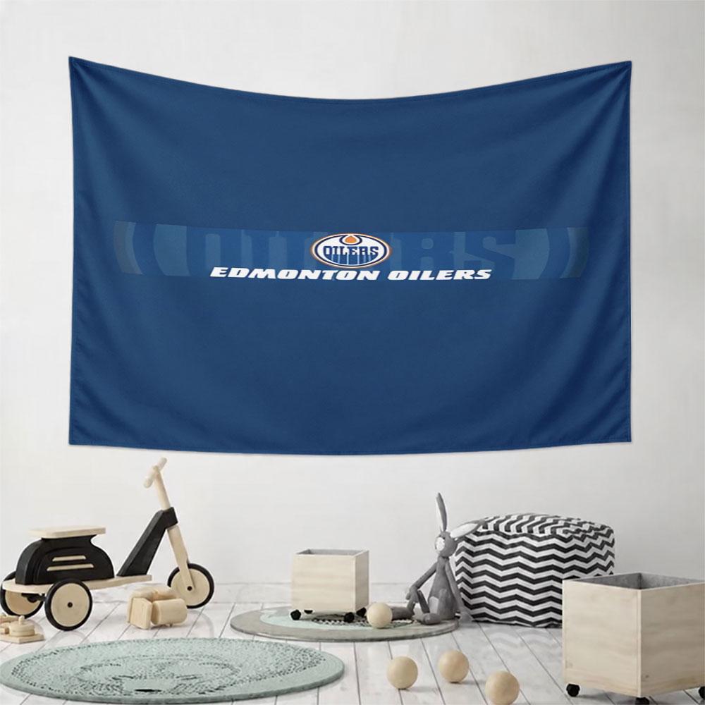 Edmonton Oilers Logo auf blauem Muster Wandbehang Wandteppich Dekorative Tapisserie Heimdekoration für Schlafzimmer und Wohnzimmer