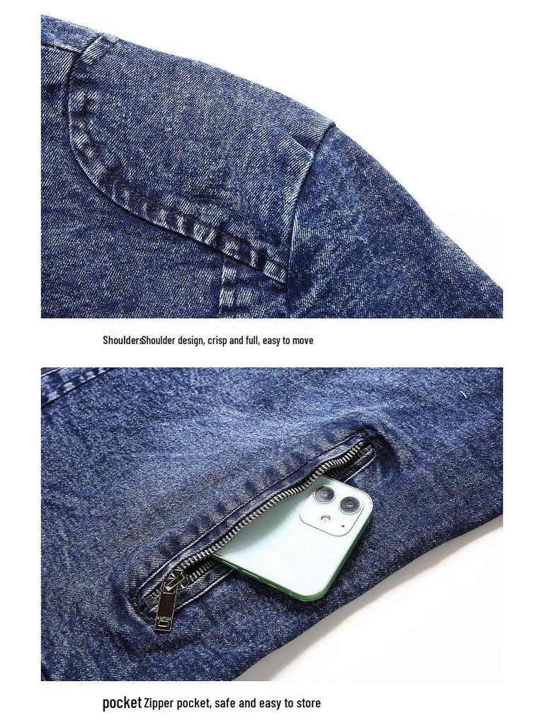 Męska kurtka jeansowa Slim Fit Elastic Denim z aksamitną podszewką - kołnierzyk typu stójka, modna odzież codzienna na jesień/zimę
