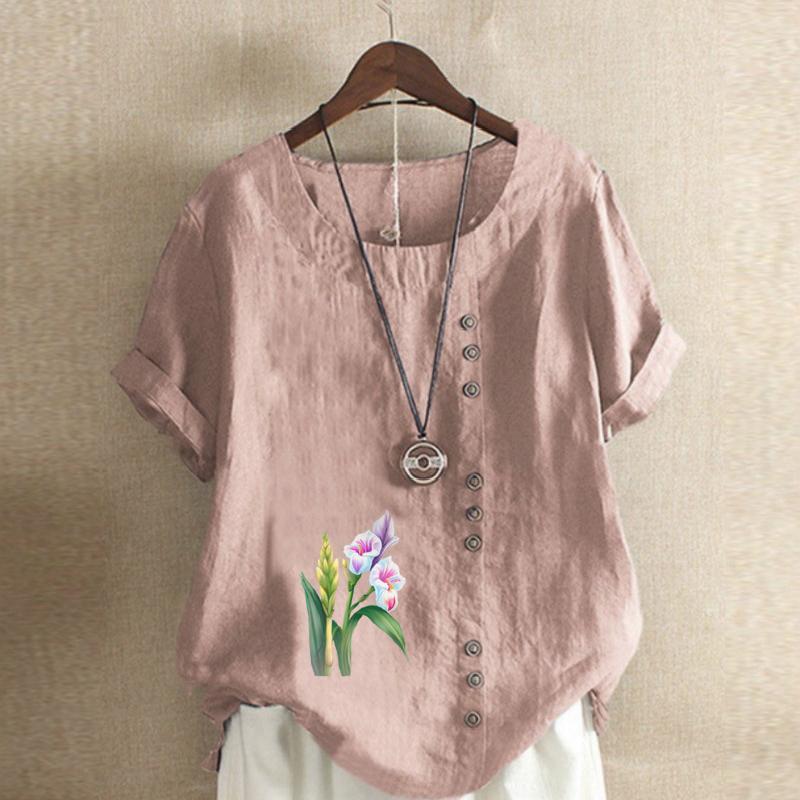 Damen T-Shirt mit Rundhalsausschnitt, kurzärmelig, Blumenmuster, Leinenhemd, Sommer, lässig, Übergröße
