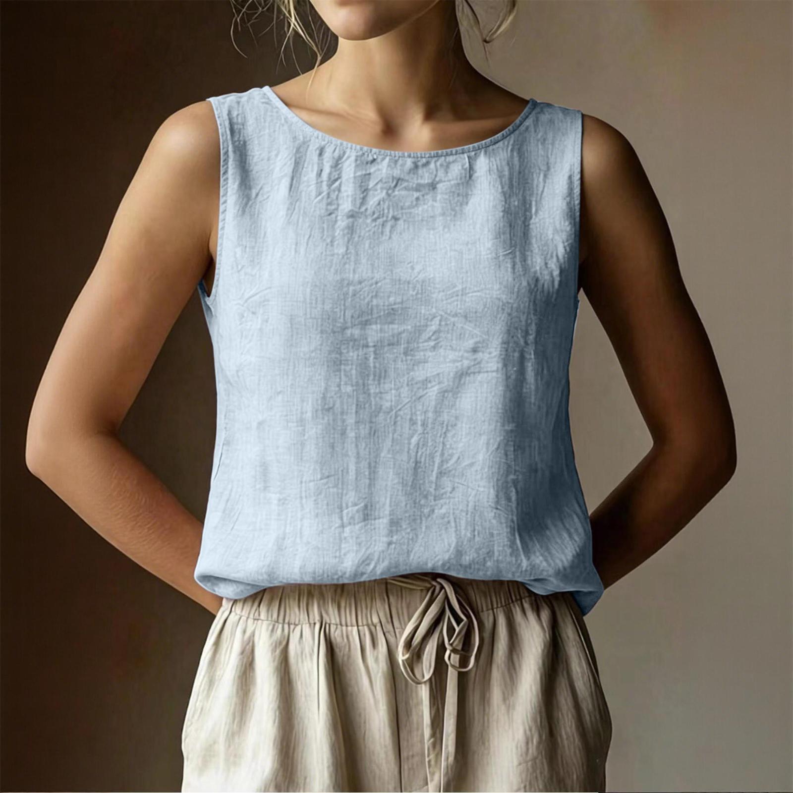 

Women Sleeveless Tank Top Loose Fit Casual Round Neck Cotton Linen Blouse Summer Lightweight Breathable Sleeveless Shirt M