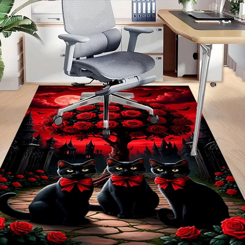 1pc Black Cats, Gothic Roses Carpet Anti Slip Polyester Floor Mat for office.Bedroom