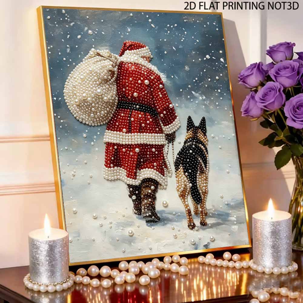 Santa Claus and Dog Pearl Bead Painting Kit with Frame Shiny Canvas Art for Creative Craft Home Decoration and Holiday Gift