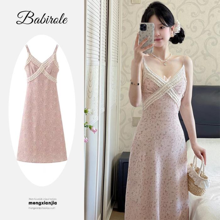 Summer new French pure desire wind collar floral suspender dress women's suspender lace splicing waist long dress