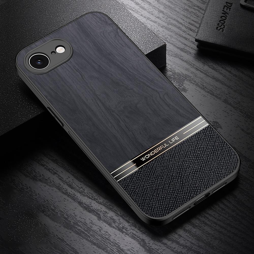 

For iPhone 16e Case Wood Texture Leather+TPU Protective Phone Cover Yellow