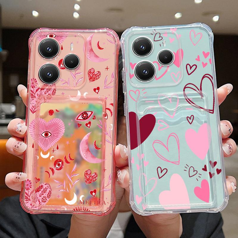 Card Pocket Bag Clear Phone Case For Xiaomi 14T 13T Xiaomi 14T 13T Pro Colorful Love Heart Print Shockproof Soft Silicone Cover