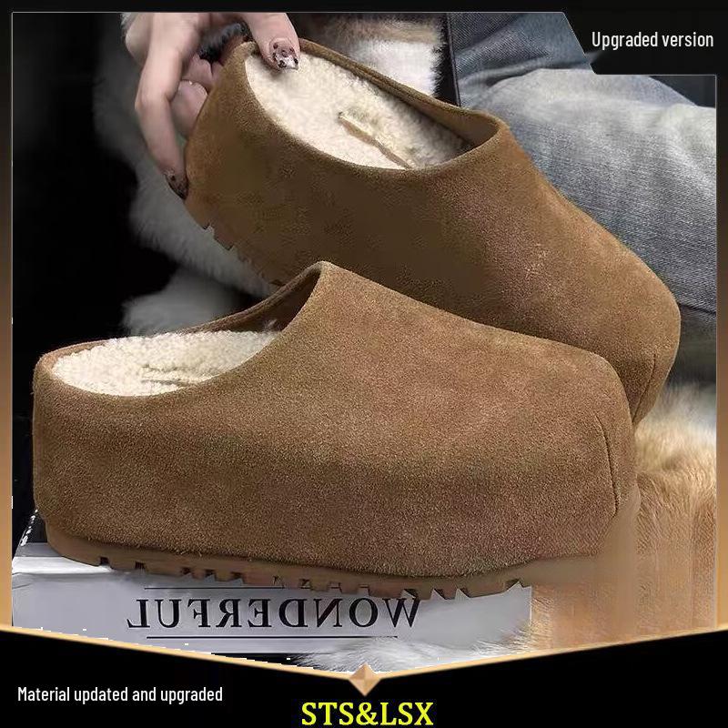 2025 Nowe Damskie Małe Zamknięte Pantofle ze Skóry Nubukowej Podwyższające Obcas Wsuwane do Noszenia na Zewnątrz