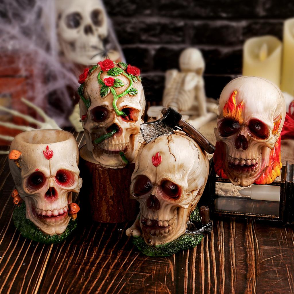 Halloween Multi-colored Skull Figurines, Halloween Rose Skull Resin Handicrafts, Terrifying Atmosphere Decorations