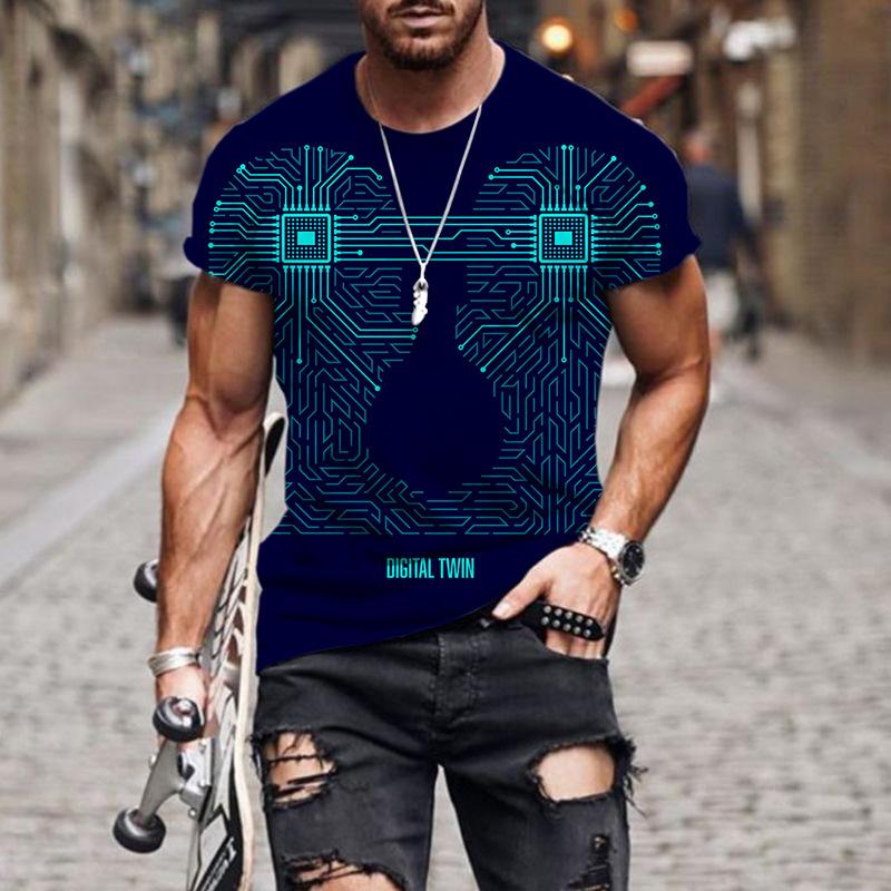 Modna Męska Koszulka Casual z Okrągłym Dekoltem, Krótkim Rękawem i Kolorowym Nadrukiem 3D