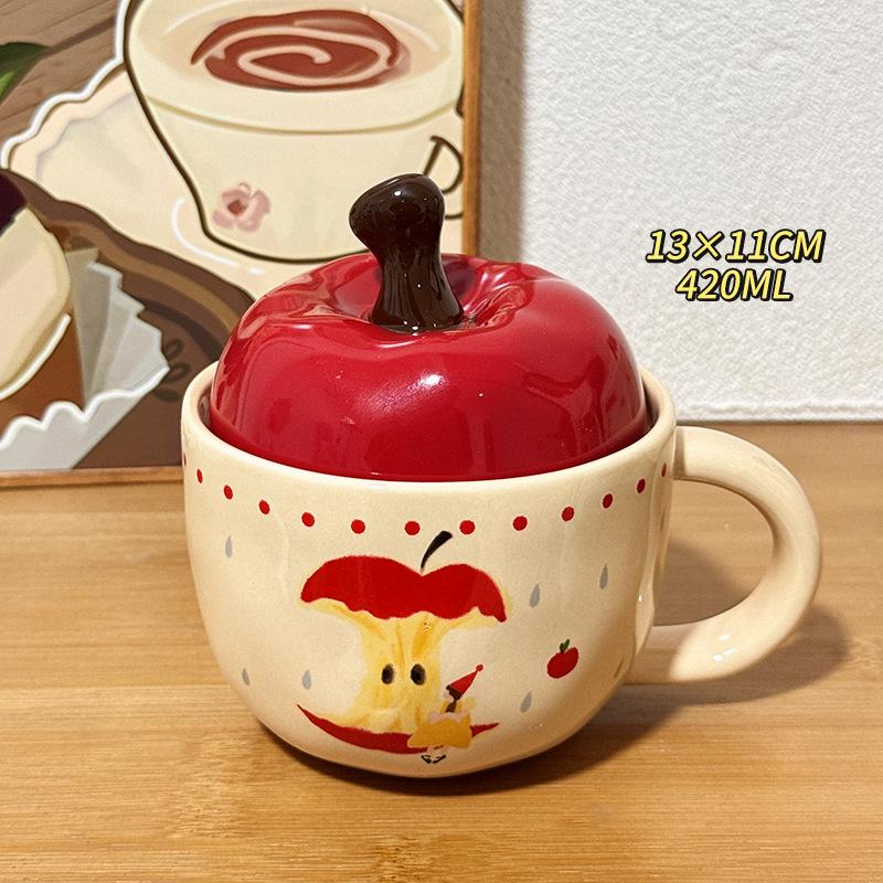 Apple Ceramic Mug with Lid & Spoon - Cute Office & Breakfast Cup, Perfect Birthday Gift for Women