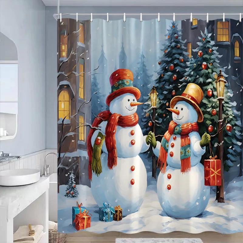 

Cute Blue Snowman Christmas Shower Curtains Xmas Gift Winter Forest Cedar Nature Scenery Home Bathroom Decor Bath Curtain Set 90x180cm-35x70in