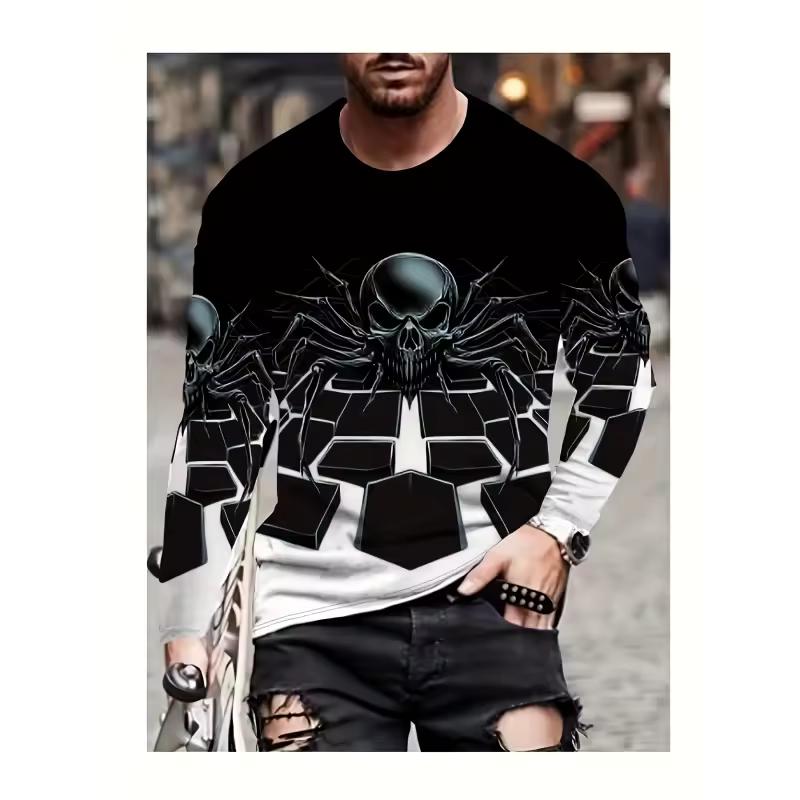 Cute Abstract Monster Pattern T-Shirt For Men Cool Skull 3D Print T Shirts Autumn Casual Loose Round Neck Tops Tees Long Sleeves