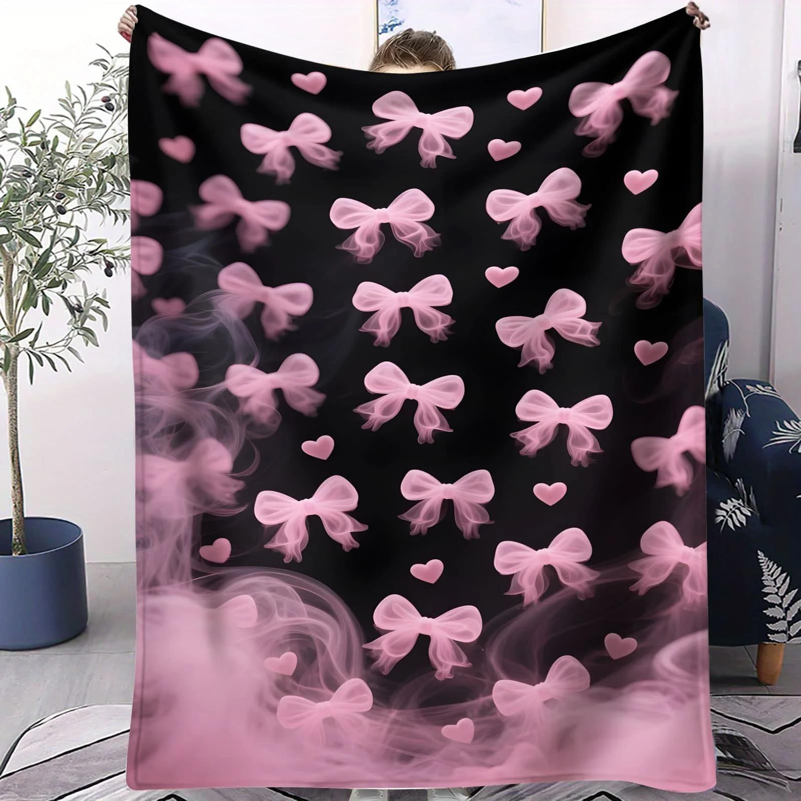 

Black Pink Bowknot Heart Air Conditioning Blanket, Romantic Design Nap Blanket for Living Room & Couch, Cozy Home Decor Blanket 70x100cm білий