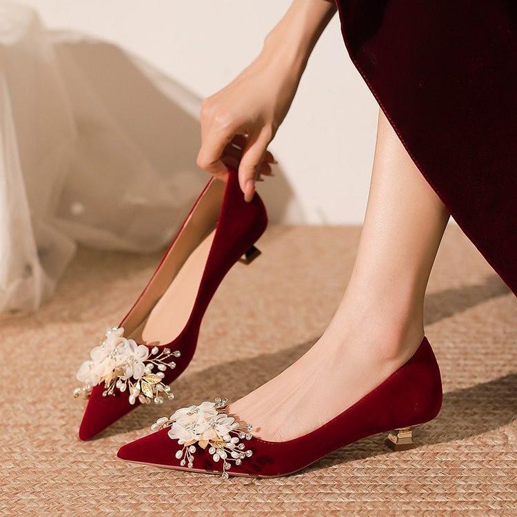 New red wedding shoes women's shoes rhinestone show heel high heels toast Chinese dress shoes single shoes