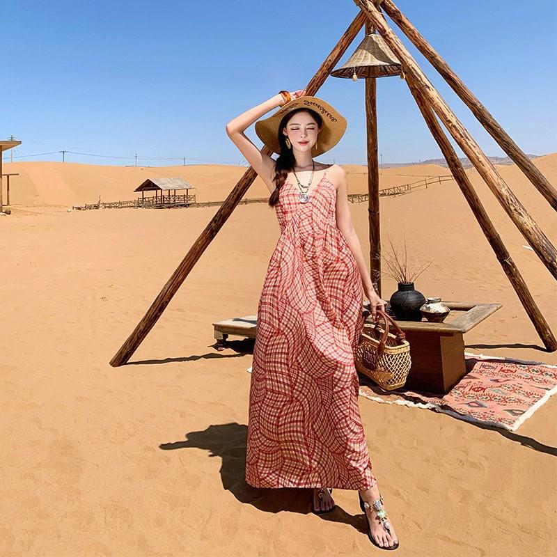 Bohemian Red Plaid Sleeveless Maxi Dress Women Beach Vacation Loose A-Line Strap