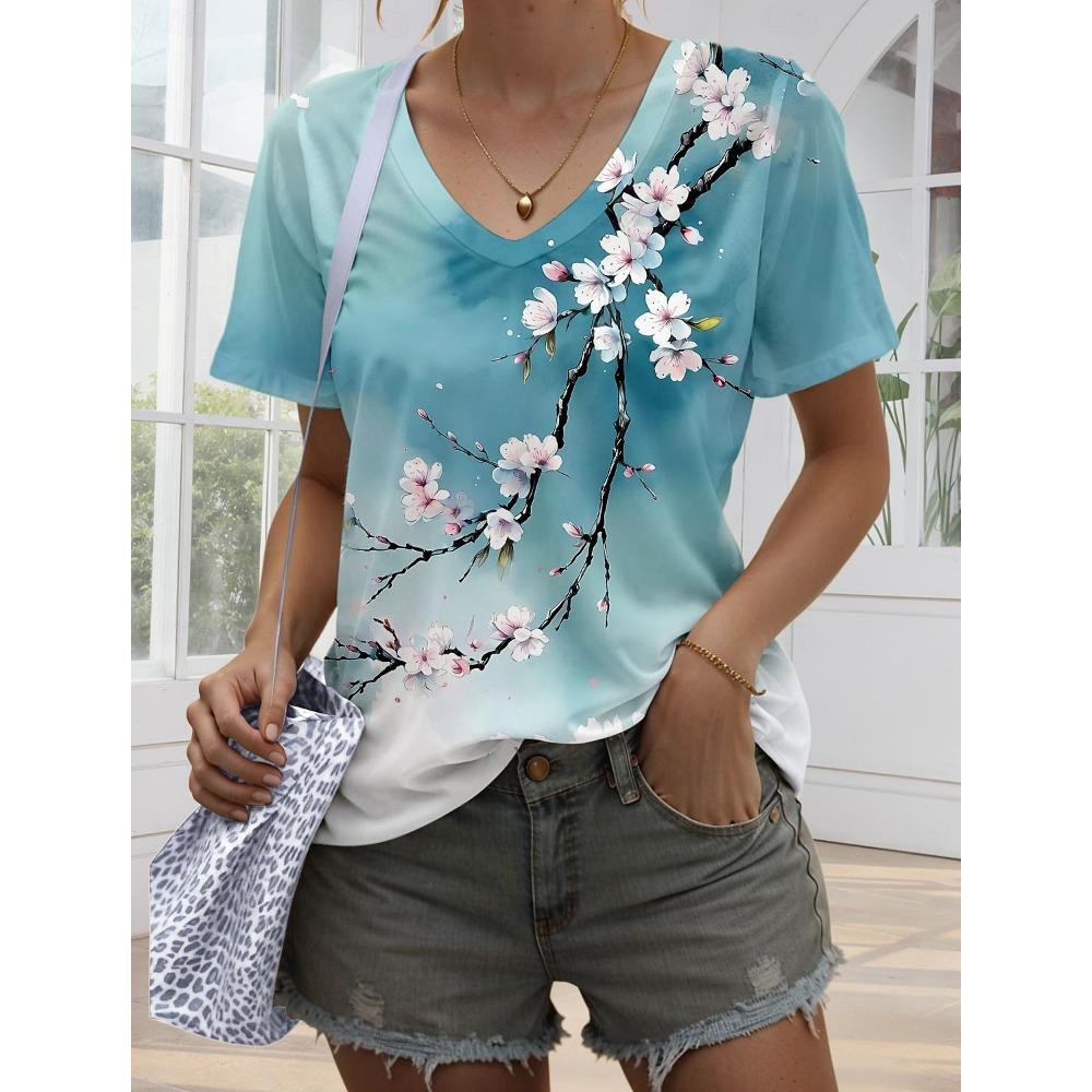 Women's Trendy T-Shirt Flower Graphics Fashion Short Sleeved V-Neck Regular Tops Daily Prints Tee Y2K Casual Tops