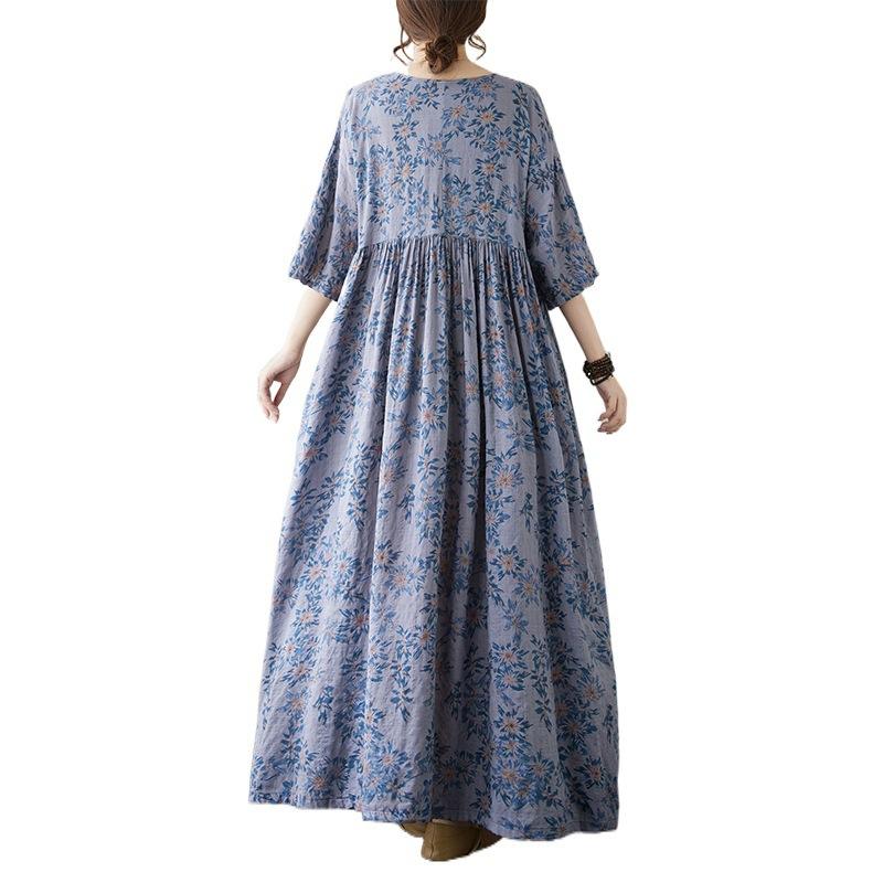 Summer Plus Size Women's Ethnic Style Round Neck Short Sleeve Loose Printed Dresses