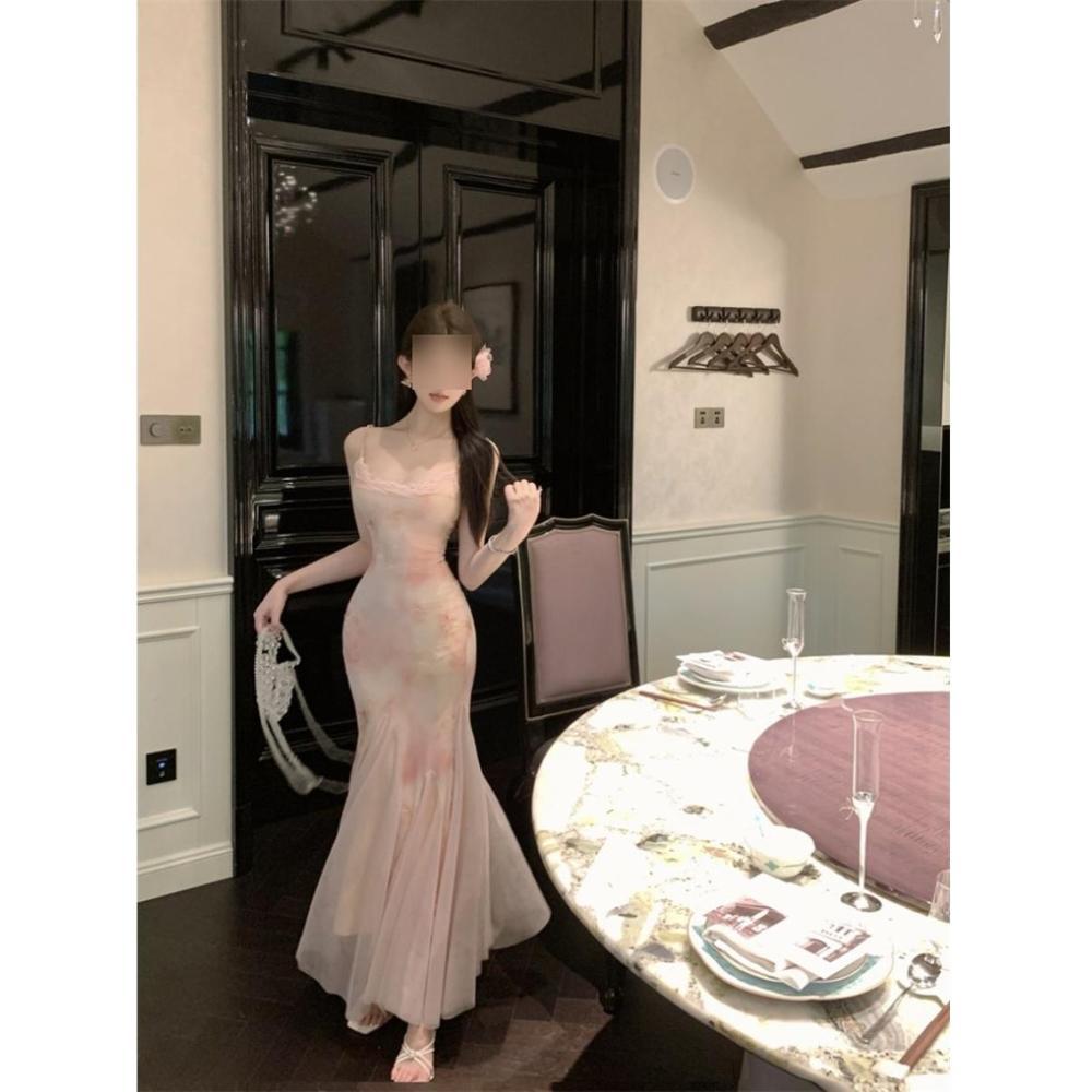 American niche chic beautiful holiday floral slim suspender dress temperament thin mesh dress women's summer