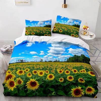 Sunflower Duvet Cover Set Yellow Flowers Green Leaves Cloud Tree King Queen Full Size for Boys Girls Teens Polyester Bedding Set