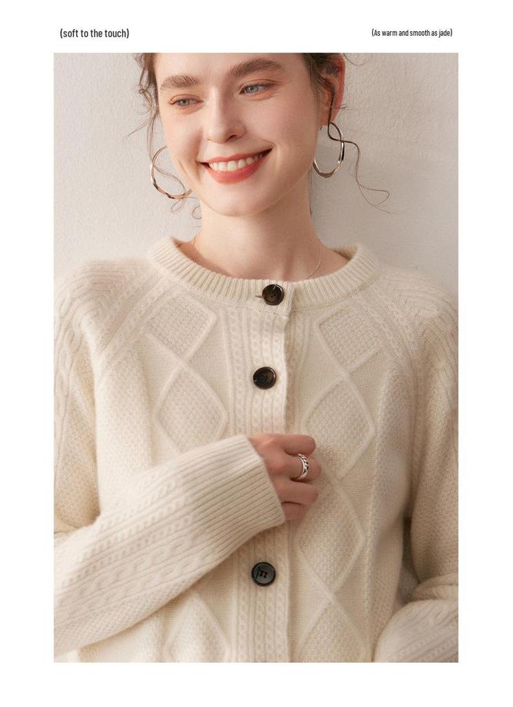 2025 Autumn/Winter Thick Diamond Cable Knit Cashmere Loose Round Neck Long Sleeve Cardigan for Women