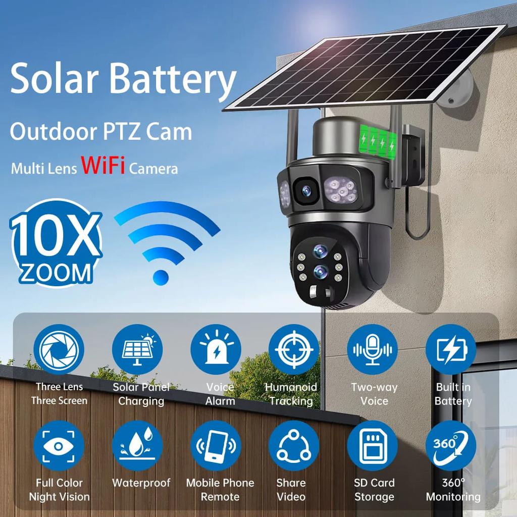 Solarbetriebene Überwachungskamera für den Außenbereich, WiFi, 6K, kabellos, 10-facher Zoom, drei Objektive, 12MP, 360°-Kameras, automatisches Tracking, CCTV-IP-Sicherheitskamera V380