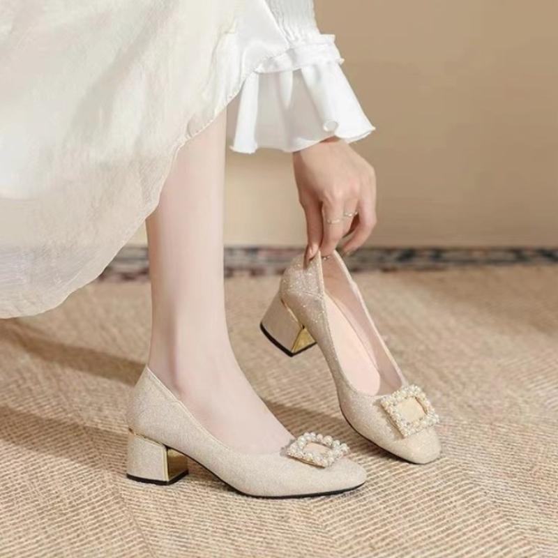 2024 High Quality Women's Shoes Slip-on Women's High Heels Fashion Square Button Office and Career New Crystal Heels Women